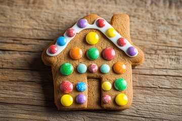 Christmas gingerbread house cookie on wooden background