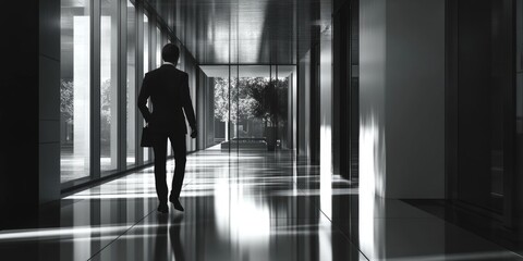Poster - A man in a suit walks down a hallway, perfect for office or corporate settings