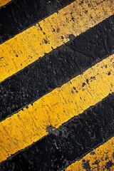 Wall Mural - Close-up of a yellow and black striped street sign with bold text and stripes