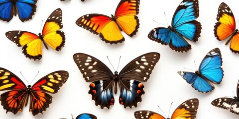 Poster - A group of colorful butterflies land on a white surface, creating a vibrant and lively scene