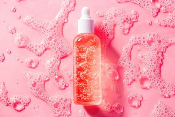 Poster - A clear glass bottle filled with transparent liquid sits atop a pink surface