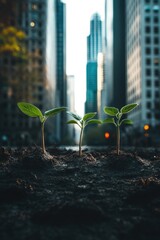 Poster - Close-up view of three small plants growing out of the earth