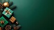 © ChanaphaStudio - Festively arranged green gifts and ornaments on a dark green background, evoking holiday cheer and seasonal celebration.
