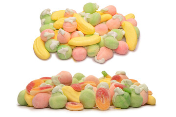 Wall Mural - Mix of jelly candys and marshmallows isolated on a white background.