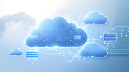 Poster - A blue cloud computing graphic with data servers and circuit board patterns.