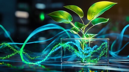 Aufkleber - A plant growing in a glass jar with a DNA strand in the background, representing genetic engineering.