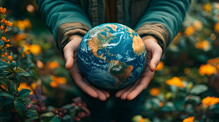 Wall Mural - man holding planet earth as a green, ecological and renewable energy world concept