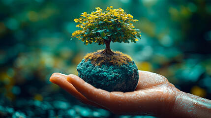 Wall Mural - the hand of a human holding an earth covered in green and a tree on it is a symbol for esg and clima