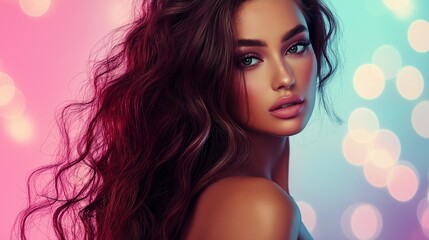 Wall Mural - beautiful woman model with long luxurious hair, beautiful makeup against