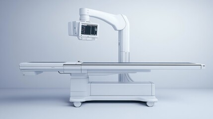 Isolated on a white background is an X-ray machine used as medical scanning equipment. Separate mobile x-ray machine. Scientific and medical apparatus.