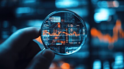 Poster - A hand holding a magnifying glass over digital financial data and graphs.