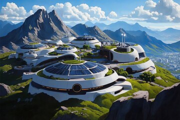 Aufkleber - Watercolor painting of a futuristic city skyline with green rooftops and renewable energy systems, representing tomorrowâ€™s solutions for urban sustainability