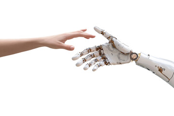 Poster - A human hand reaching out to touch a robotic hand, symbolizing the connection between humans and technology.