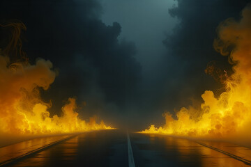 Wall Mural - a gloomy background with yellow neon smoke spreading on both sides