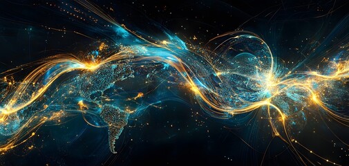 Poster - Abstract digital art featuring vibrant lights and flowing energy waves in a dark background. Perfect for technology themes.