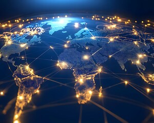 Poster - A global network visualization showcasing interconnected lights across continents, symbolizing digital connections and communication.