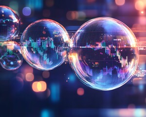 Poster - Dynamic visualization of colorful bubbles representing data metrics, technology, and financial trends in a futuristic setting.
