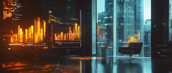 Poster - Modern office interior with digital graphs, sleek furniture, and a city view, representing innovation and technology.