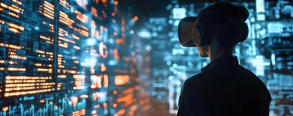 Poster - A person wearing a virtual reality headset immerses in a digital world filled with vibrant data streams and futuristic visuals.