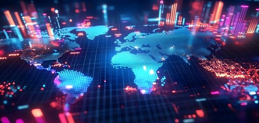 Poster - A futuristic digital world map with vibrant data visualizations, symbolizing connectivity and technology innovations.