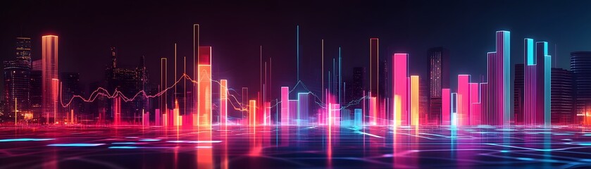 Fototapete - Vibrant data visualization with colorful bars and glowing lines representing financial trends and analysis in a digital landscape.