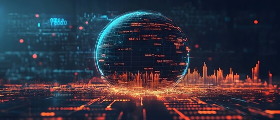 Poster - A futuristic digital globe with vibrant data streams and glowing city skyline, symbolizing technology and innovation.
