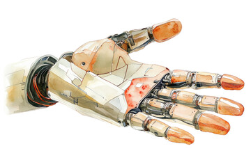 Poster - Detailed illustration of a robotic hand, showcasing advanced design and technology on a white isolated background.
