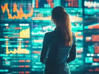 Poster - A businesswoman analyzing data on digital screens, showcasing technology and finance in a modern office environment.