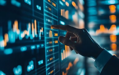Poster - A close-up of a hand interacting with a digital interface showcasing financial data and analytics in a modern environment.