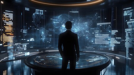 Poster - A person in a suit stands before a futuristic digital interface, symbolizing technology, data, and innovation in a modern workspace.