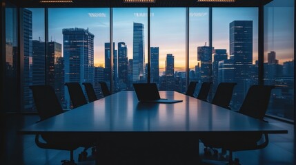 Poster - A modern conference room with a city skyline view at sunset.