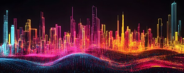 Poster - Vibrant digital city skyline in neon colors, showcasing a blend of technology and art, perfect for modern themes.