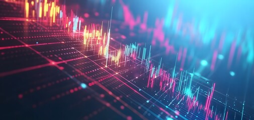 Fototapete - Vibrant digital data visualization with colorful bars and lines representing fluctuating statistics and analytics in a modern design.