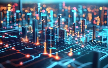 Poster - a futuristic cityscape illuminated with vibrant lights and interconnected digital circuits, showcasi