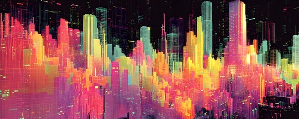 Poster - Vibrant abstract cityscape with colorful skyscrapers, blending modern architecture and vivid colors for an energetic visual experience.
