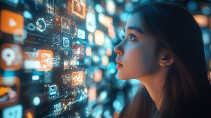 Poster - A woman gazes at digital screens displaying various icons and data.