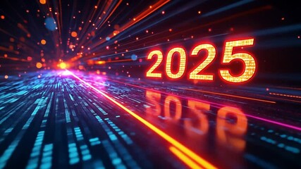 Poster - Bright digital representation of the year 2025 using vibrant colors and abstract lines