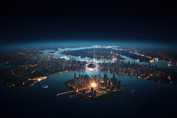 Wall Mural - Futuristic city aerial view at night. Structure of sci-fi metropolis with neon lights from the bird view