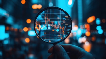 Poster - A hand holding a magnifying glass over a digital stock market graph with blurred city lights.