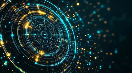 Poster - Abstract circular pattern with glowing lines and particles on a dark blue background.