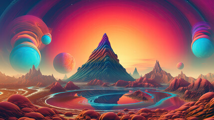 Poster - Fantasy landscape of a sci-fi planet with mountains and a road with mystic sphere