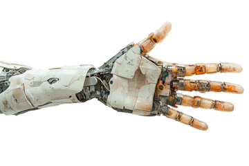 Poster - An advanced robotic hand with intricate mechanical details, showcasing innovation and engineering prowess, white isolated background.