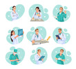 © GN.STUDIO - Illustration showing doctors engaged in different tasks like writing, examining X-rays, and using laptops. Light blue background. Concept of healthcare professionals. Vector illustration