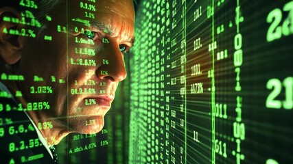 Poster - Businessman analyzing digital data projections on a screen in a dark room in 2025