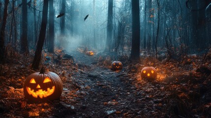 Wall Mural - spooky forest with pumpkins