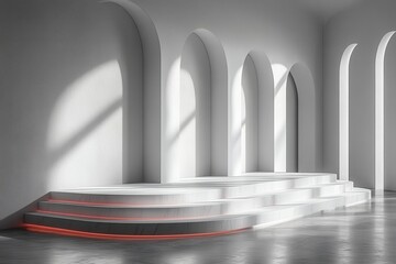 minimalist product podium floating in surreal white dreamscape soft shadows and subtle light refractions creating depth