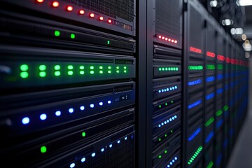 Close-up of server racks with glowing lights