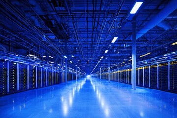 Server Racks in a Blue-Lit Data Center