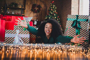 Poster - Photo of charming pretty girl lying floor cosy christmas atmosphere new year magic time indoors home room