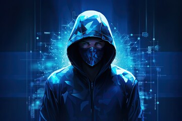 potrait of a hacker with code background